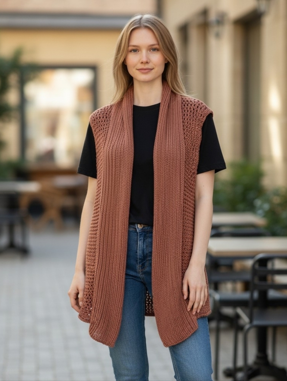 Classiques Entier Brown Crochet Knit Sleeveless Boho Cardigan S